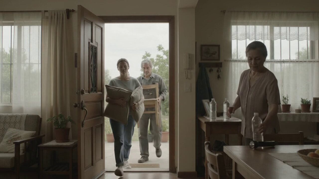 A family calmly moving porch items indoors before rain arrives