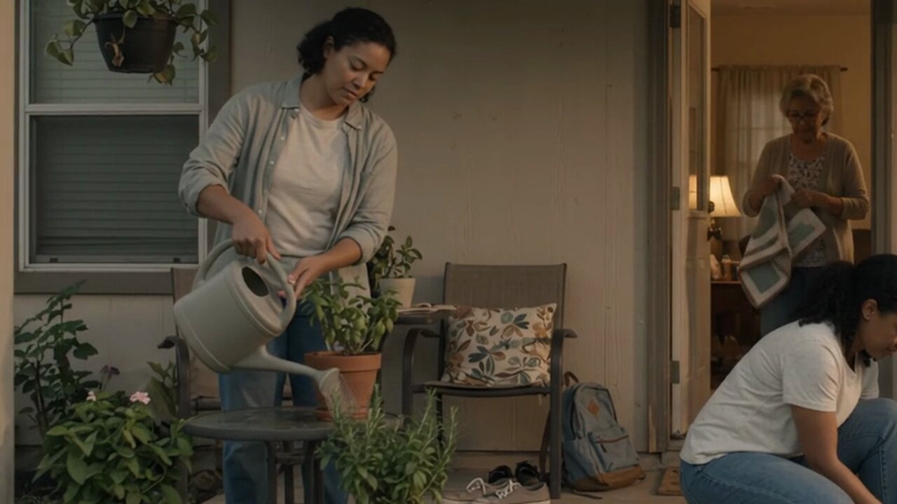 A family sharing an ordinary evening on the porch of a lived-in Texas home
